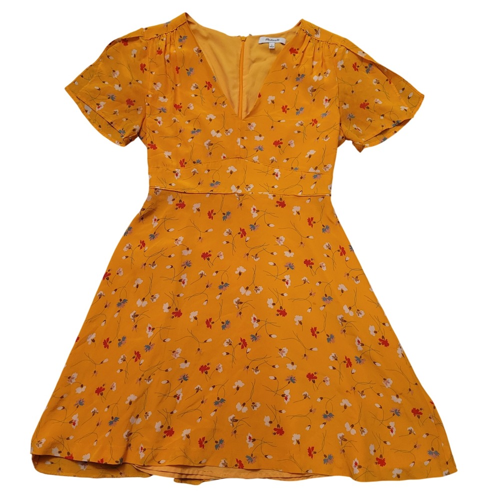 Madewell 0 Yellow‎ Floral Silk V Neck Flutter Mini Dress BELLADONNA Carnations